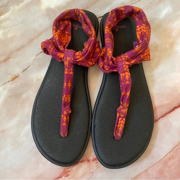 Sanuk Yoga Mat Sling Sandal Purple Orange Tribal Fabric Women’s size 9 Summer - Picture 4 of 7